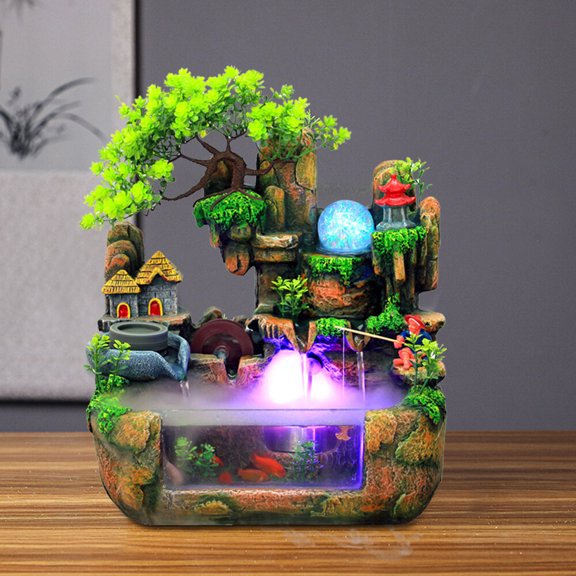 Resin Simulation Rockery Tabletop Water Fountain LED Light Atomizer Humidifier Relax Water Feature