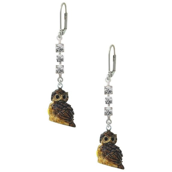 Resin Sitting Owl Crystal Madison Leverback Earrings