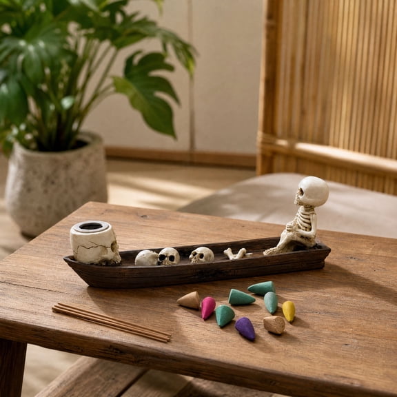 Resin Skeleton Boat Backflow Incense Burner Dual Use Skull Incense Holder Gothic Halloween Desktop Decor