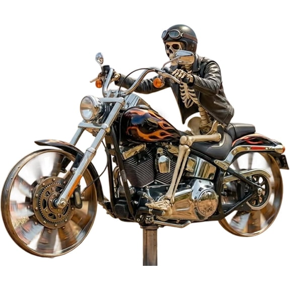 Resin Skeleton Motorcycle Wind Spinner with Rotating Wheels, Biker Skull Outdoor Sculpture for Patio Yard Garden, Gothic Windmill Stake (1 Pc, Black)