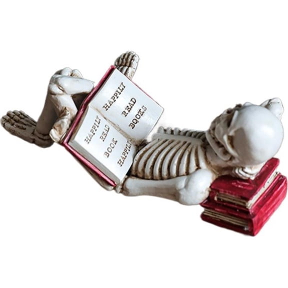 Resin Skeleton Ornament 2.56 x 2.95 x 6.5 Inch 225g, Bone White Reading Red Book Flat Base for Halloween Mantle Dark Academia Study Nightstand Library Shelf Windowsill Office