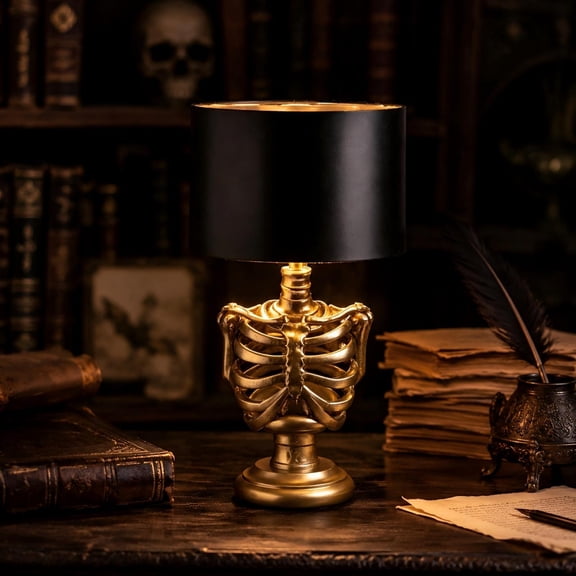 Resin Skeleton Spine Table Lamp Black Fabric Shade Gothic Halloween Nightstand Desk Lamp Dark Home Decor Gift