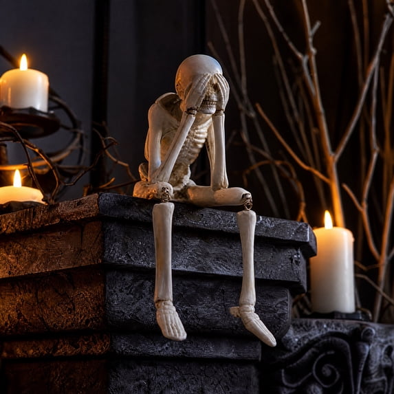 Resin Skeleton Statue, 20 cm Sitting Skull Figurine, Movable Joints Spooky Decor for Gothic Home Shelf