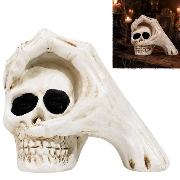 Resin Skeletons Head Statues Multi-Purpose for Home Entryway Desk Bookshelf, Halloween Skull Hand Ornament Moisture-Proof Spooky Skeleton Head Hand Figurine for Halloween Party Haunted House(RL)