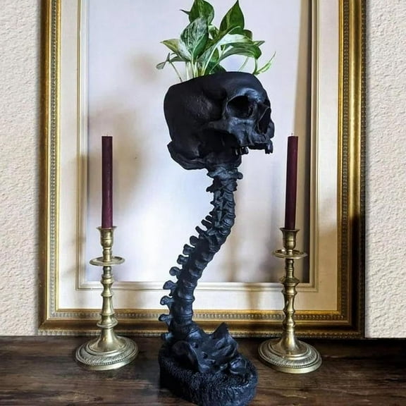 Resin Skull Planter & Spine Stand Set, Polyresin Skulls Pot, Halloween Decoration Retro Human Head Flower, Black