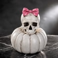 thumbnail image 1 of Resin Skull White Pumpkin Figurine With Bow Hat Decor Freestanding Tabletop Statue For Halloween Indoor Party Shelf Mantel Seasonal Home Decor.A:1Pc(3.93*4.92 in), 1 of 4