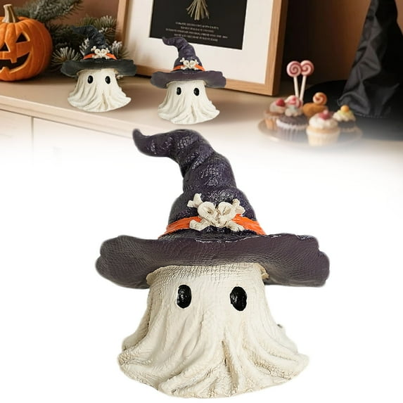 Resin Small White Ghost Figurines, Ghosts with Witch Hats, Cute Ghost Statue for Spooky Halloween Decor, for Indoor Halloween Party Tabletop Home Shelf Decoration, 2.28x2.16"