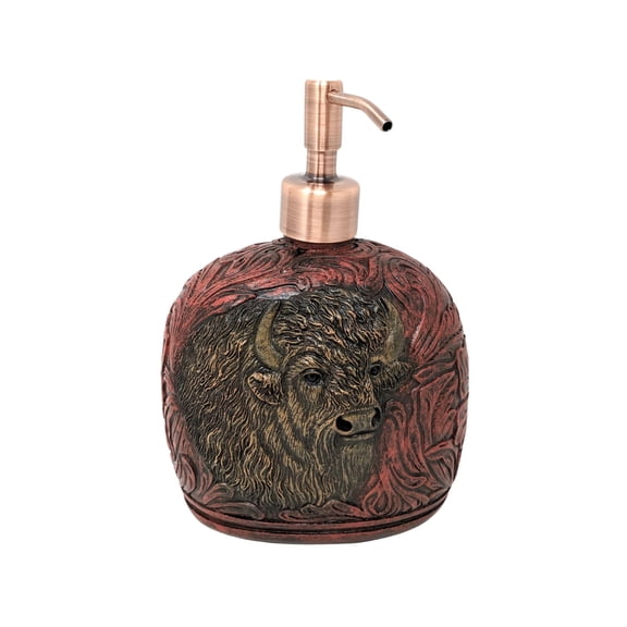 Resin Soap Pump Dispenser with Faux Tooled Leather Design with Bison Bust - Southwestern Rustic Decor for Western Ranch and Farmhouse for Cowboy Enthusiasts