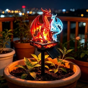 Resin Solar Dragon Fire Ice Garden Stake Lamp, 17.72in Gothic Fantasy Outdoor Yard Light, Waterproof Patio Lawn Decor for Garden Pathway, Unique Gift for Dragon Lovers