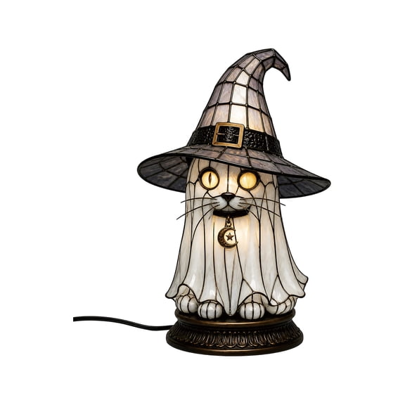 Resin Stained Glass Ghost Cat Witch Table Lamp, White Ghost Kitten Night Light with Witch Hat & Moon Pendant, Vintage Gothic Halloween Accent Lamp for Mantel Bedroom Decor