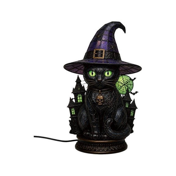 Resin Stained Glass Witch Black Cat Table Lamp, Gothic Spider Web Cat Night Light with Haunted House Skull Pendant, Vintage Halloween Accent Lamp for Mantel Bedroom Farmhouse Decor