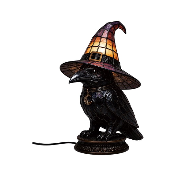Resin Stained Glass Witch Crow Table Lamp, Gothic Black Raven Night Light with Purple Orange Witch Hat & Moon Pendant, Vintage Halloween Accent Lamp for Mantel Bedroom Home Decor