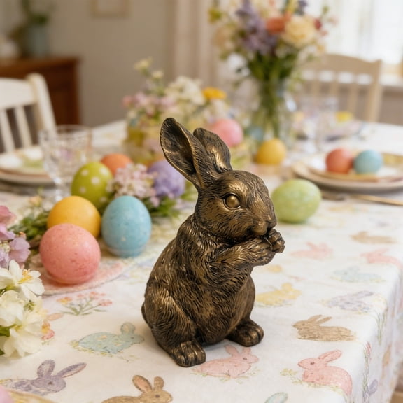 Resin Standing Bunny Tabletop Easter Decoration, Easter Bunny Bronze Resin Statue - Standing Figurine for Mantel, Bookshelf & Tabletop Decor, Rustic Farmhouse Spring Ornament