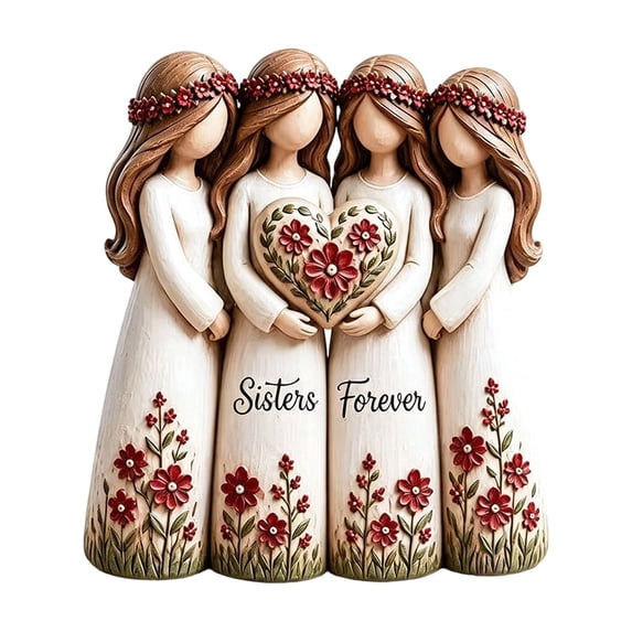 Resin Statue Meaningful Sisterhood Decor | Sister Gift with Red Flowers Floral Crown Heart Decor | Indoor Shelf Decor Desk Accent