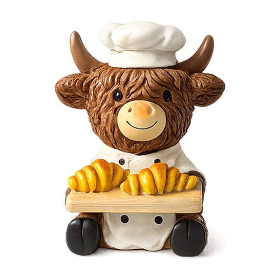 Resin Statues,Cute Highland Cow Figurine with Croissant Tray for Kitchen Livingroom Countertop Fall Decor