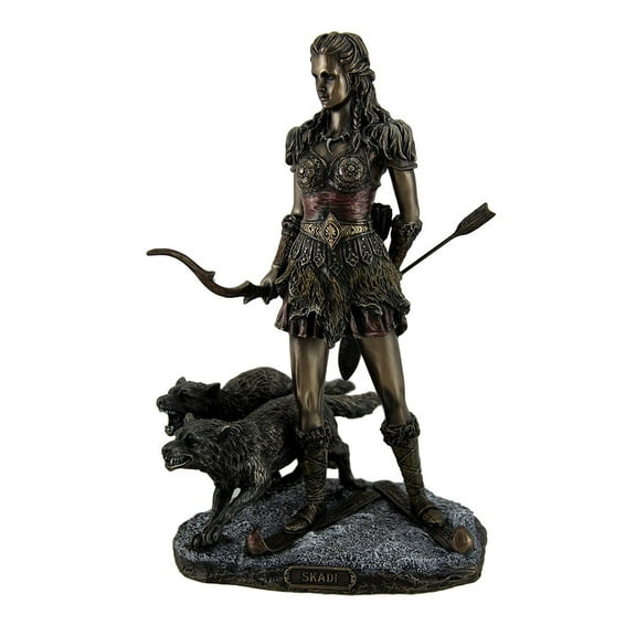 Resin Statues Skadi Norse Giantess Ski Goddess Of Winter And Mountains With Wolves Statue 8 X 10.5 X 7 Inches Bronze