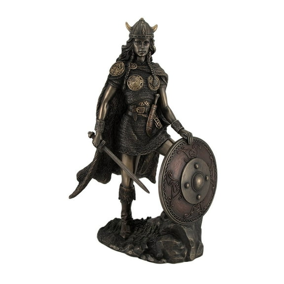Resin Statues Viking Shieldmaiden Bronze Finished Statue Norse Mythology 6.5 X 10.5 X 4 Inches Bronze