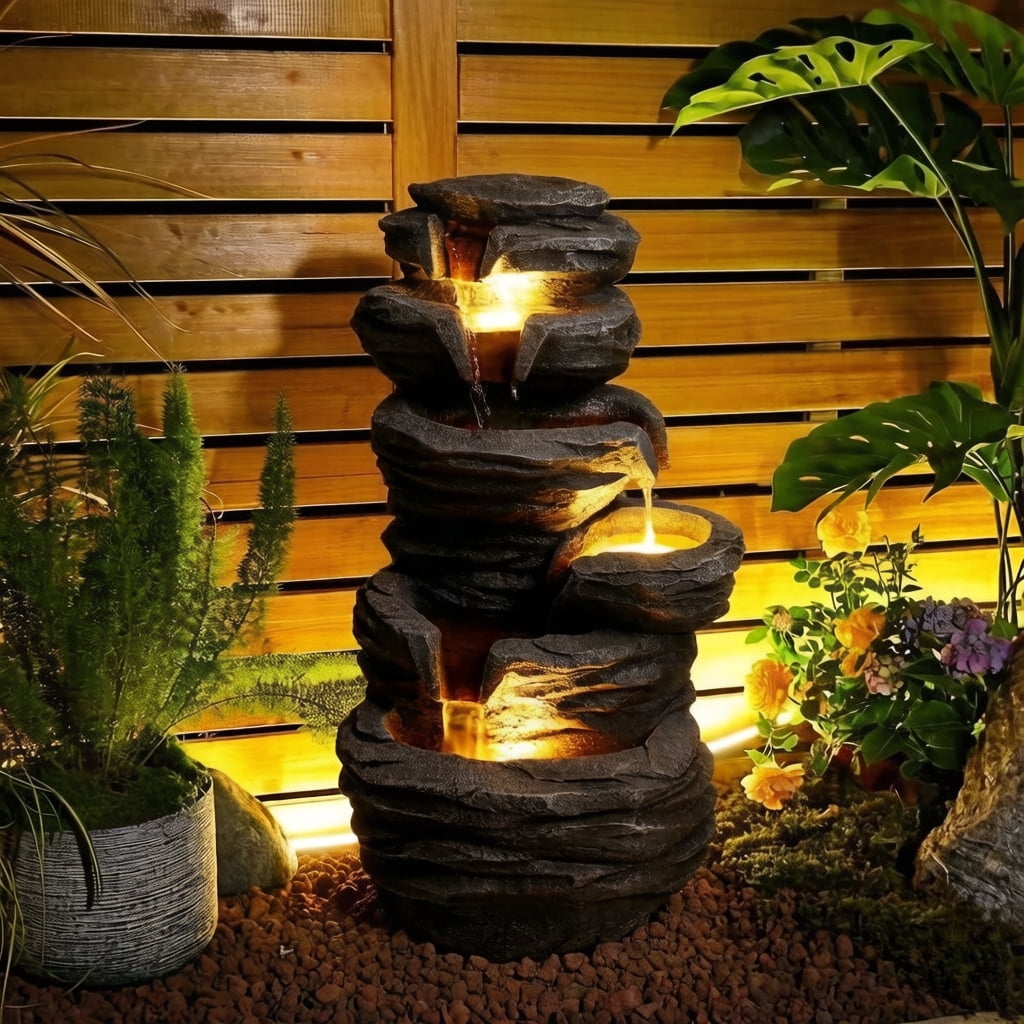 Resin Stone Look Outdoor Fountain, Multi-Level Cascading Waterfall with Warm LED Lights, Easy to Assemble Patio Yard Water Feature with 4.6 Ft Cord