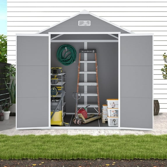 Resin Storage Shed 6x5ft,Outdoor Storage Sheds with Floor, HD Window, Lockable Doors and Vents, Tool Shed for Bike, Garden, Backyard,Lawn, All Weather Use (Grey, 6 * 5ft)