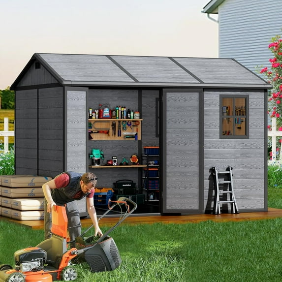 Resin Storage Shed with Floor, Wanan 10x8 FT Outdoor Plastic Garden Shed with Windows, Lockable Door, Wood Grain Tool Shed for Backyard, Patio, Lawn