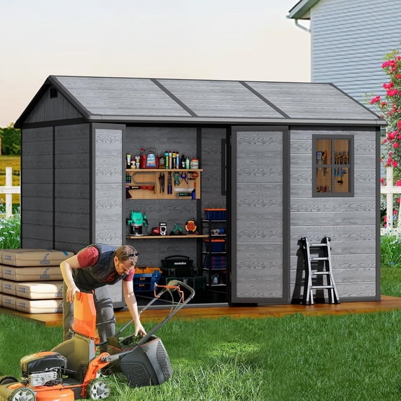 Resin Storage Shed with Floor, Cuoote 10x8 FT Outdoor Plastic Garden Shed with Windows, Lockable Door, Wood Grain Tool Shed for Backyard, Patio, Lawn