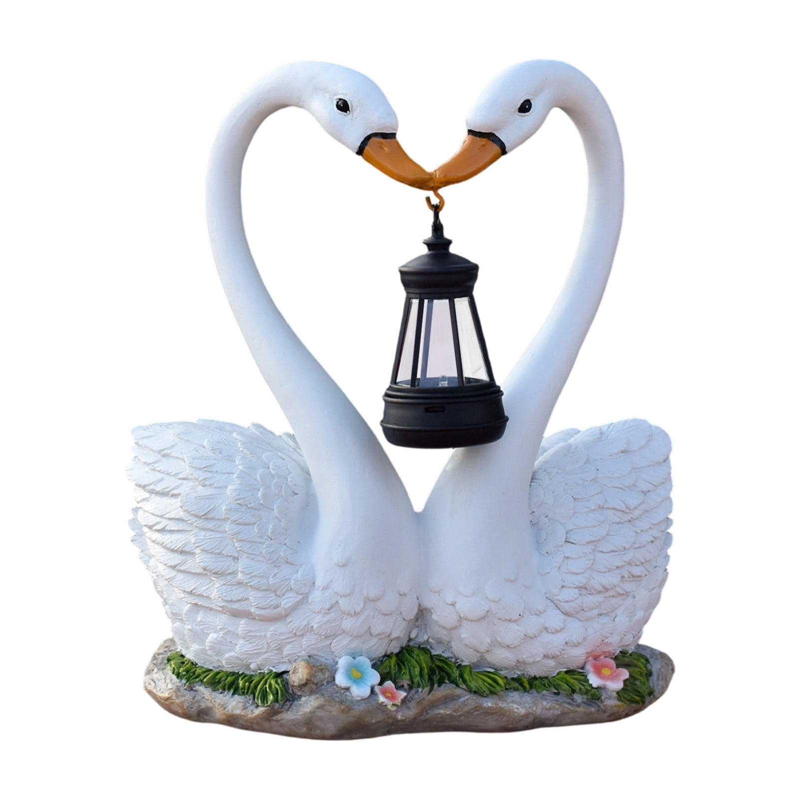 Resin Swan Couple Garden Statue with Solar LED Lantern Waterproof Outdoor Love Heart Sculpture Romantic Yard Art Night Light