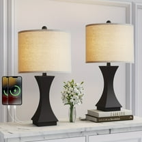 Resin Table Lamps Set Of 2, 3-Way Dimmable Bedside Lamps With USB Charging Port, 24 Inches Moedrn Nightstand Lamp With White Fabric Shade For Bedroom, Office, Living Room, Study, Black/Grey