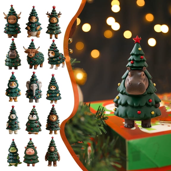 Resin Tabletop Christmas Tree Mini Christmas Tree Figurines Cute Resin Animals Christmas Tree Statues For Holiday Home Office Desk Decor Christmas Gifts