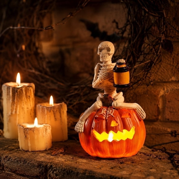Resin Tabletop Decorations Combining Pumpkin Base and Skeleton Figurine, Built-In Warm Led Lights, Spooky Craft Ornaments for Home Rooms and Halloween Party Table Display Layout, Yellow
