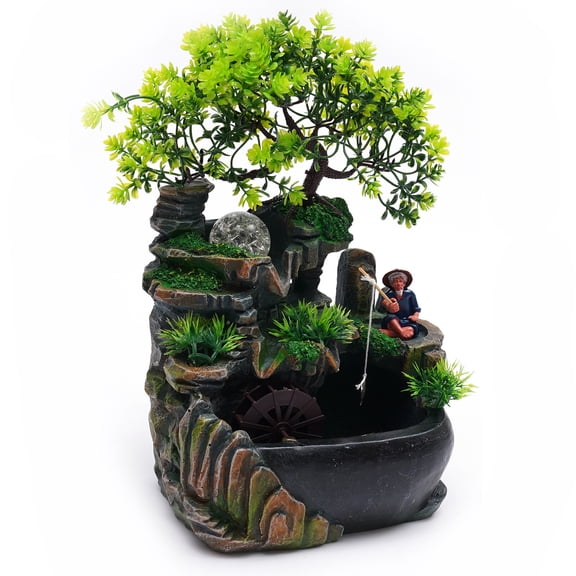 Resin Tabletop Rockery Water Fountain with Colorful LED, Feng Shui Rolling Ball Relaxing Desktop Waterfall Decor for Office Home