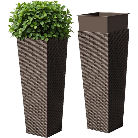 Resin Tall Planters for Outdoor Plants Set of 2, Large Taper Outdoor Planter Pots with 4 Drainage Holes, Flower Pots Modern Decor for Porch, Patio, Backyard, Home Garden (Brown, 32")