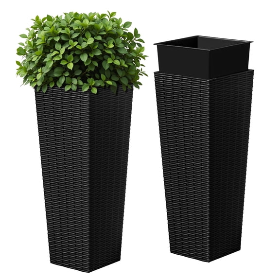 Resin Tall Planters for Outdoor Plants Set of 2, Large Taper Outdoor Planter Pots with 4 Drainage Holes, Flower Pots Modern Decor for Porch, Patio, Backyard, Home Garden (Black, 23.6")