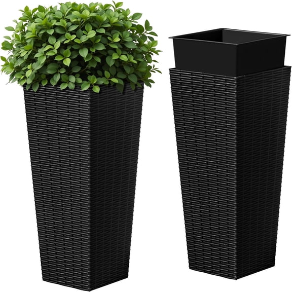 Resin Tall Planters for Outdoor Plants Set of 2, Large Taper Outdoor Planter Pots with 4 Drainage Holes, Flower Pots Modern Dr for Porch, Patio, Backyard, Home Garden (Black, 24")