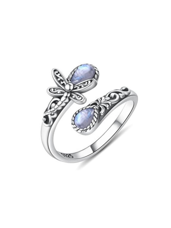 Resin Teardrop Bohemian Dragonfly Womens Polished Adjustable Cuff Ring Silver Blue R105