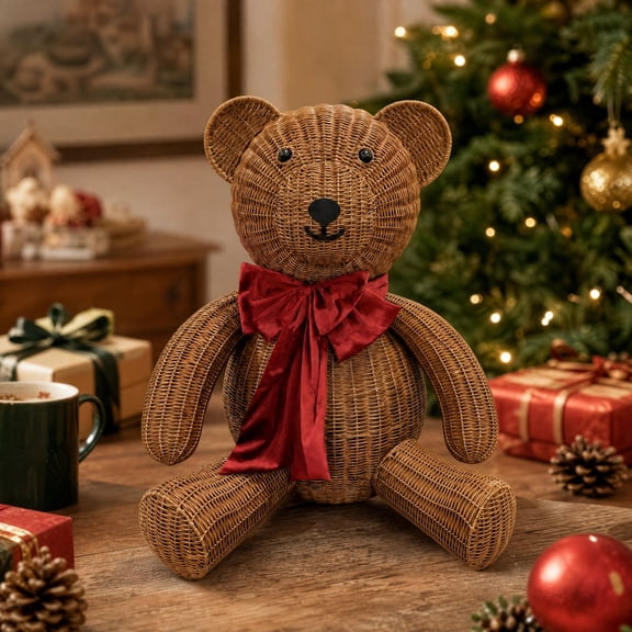 Resin Teddy Bear Christmas Tabletop Figurine, Wicker Textured Seated Bear Statue with Red Bow, Holiday Animal Character Decor for Shelf, Table & Living Room Display