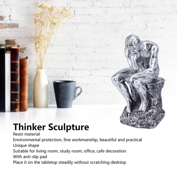Resin Thinker Statue Sculpture for Desk, 9.6" Home Office Bookshelf Ornament with Non-Slip Base