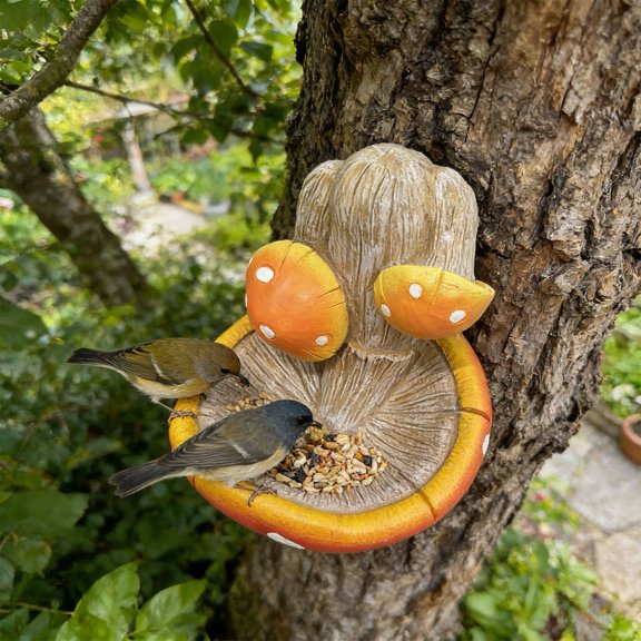 Resin Toadstool Bird Feeder Garden Mushroom Bird Feeder Decorative Wild Bird Feeder for Outdoor Backyard Tree Fence