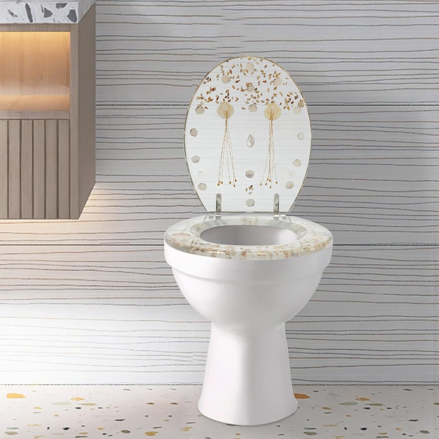 Resin Toilet Seat Round Soft Close Quick Release Heavy Duty Toilet Seats with Clear Seashells Cover Acrylic Seats Ocean Series