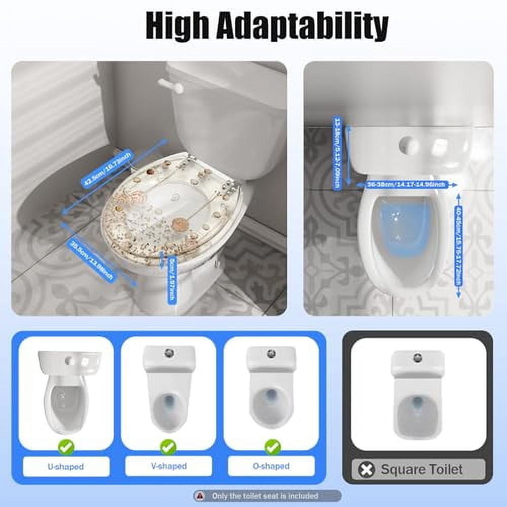 Resin Toilet Seat, Slow Close Elongated Toilet Seat with Clear Seashells Cover, Heavy Duty Toilet Lid for Bathroom,Acrylic Seats Ocean Series 17 Inch,Maximum load capacity 330lbs