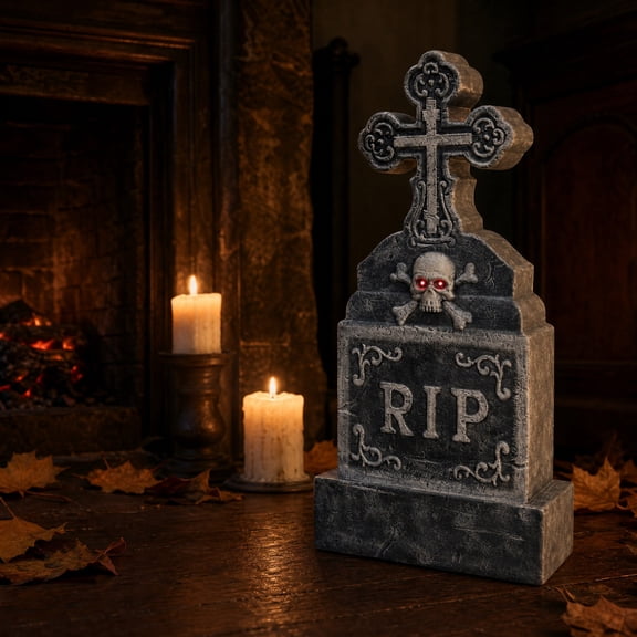 Resin Tombstone Decoration Weathered Graveyard Style Skull With RIP Engraving For Halloween Table Mantel Shelf 1 Count