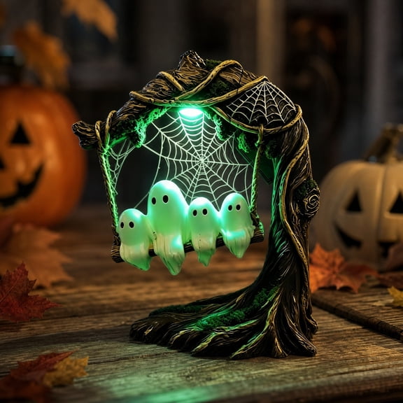 Resin Tree Trunk Spider Web Table Lamp,Soft Green LED Ambient Lighting,Solid Weather Resistant Resin Material for Indoor Mantel,Desk Ornament,Pumpkin Layout