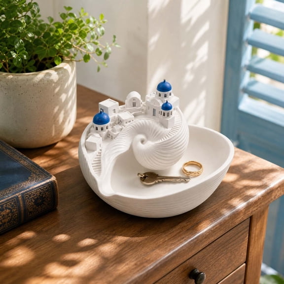 Resin Trinket Bowl Key Holder Jewelry Dish with Blue Dome Sculpture, 7x5.5x5.5 Inch Decorative Catchall for Keys Rings Entryway