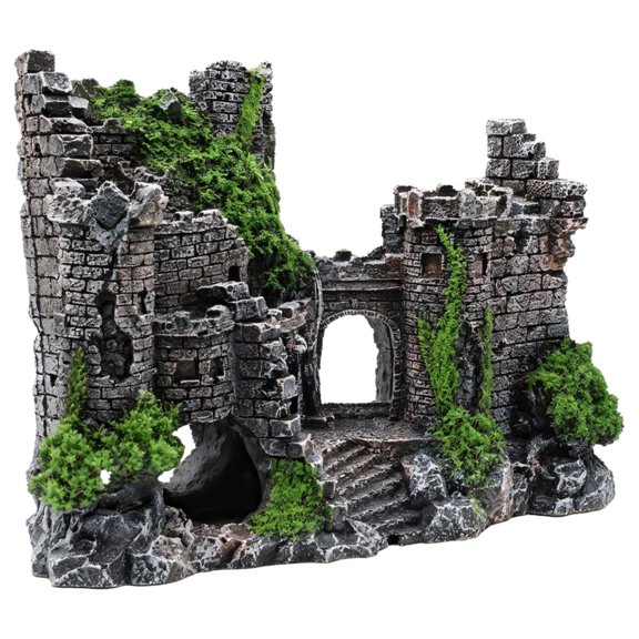 Resin Turtle Tank Decor, Ancient Castle Aquarium Decoration, Faux Moss Green Finish, 6.72.85.1 inches, Suitable for Freshwater and Saltwater, Black and Green