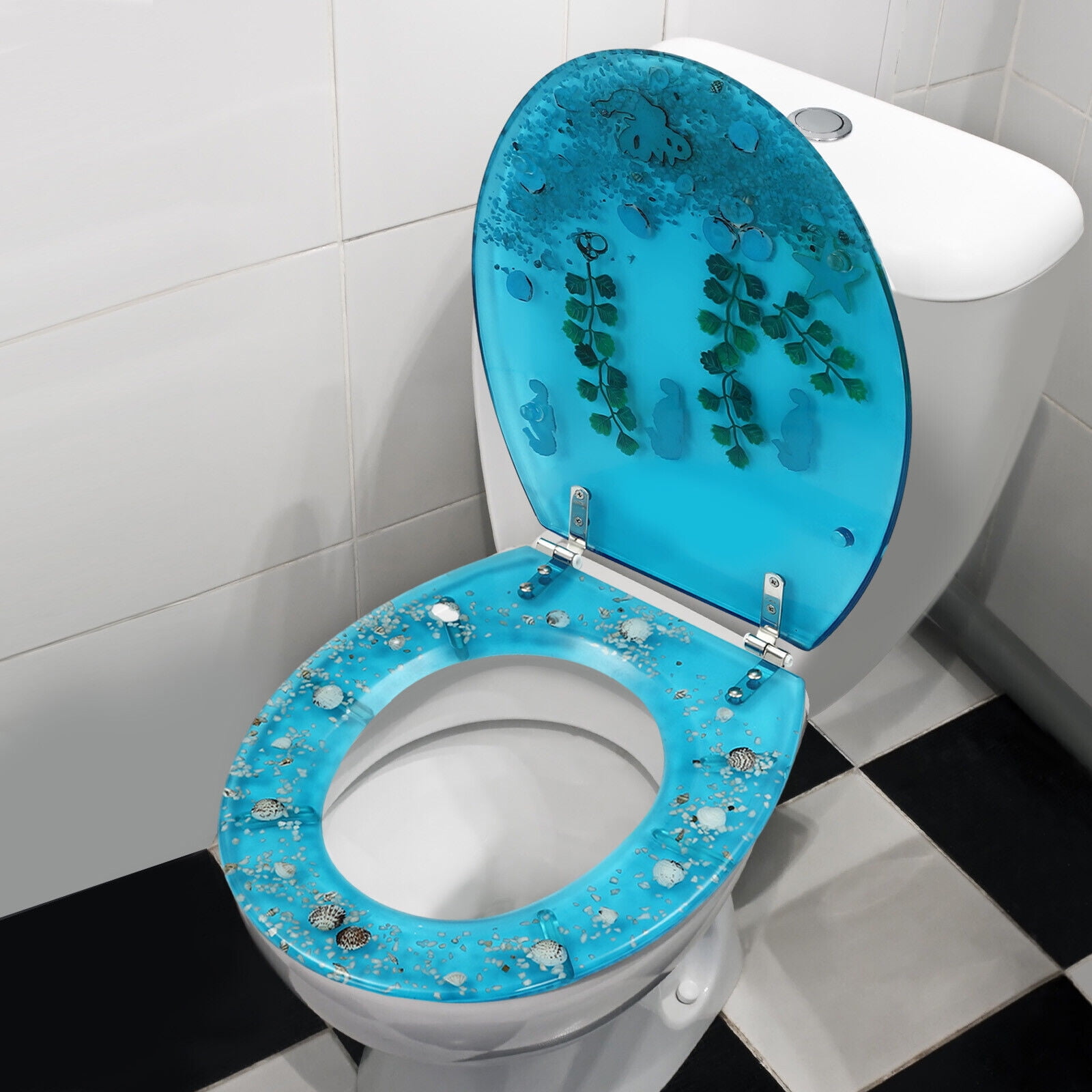 Resin U/V type Toilet Seat Aquarium Seat Blue Sea Fish Shells Shape ...