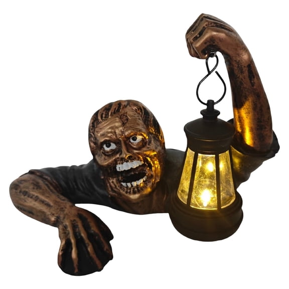 Resin Undead Zombie Garden Statue with LED Lantern for Gothic Halloween Patio and Movie Prop Decor