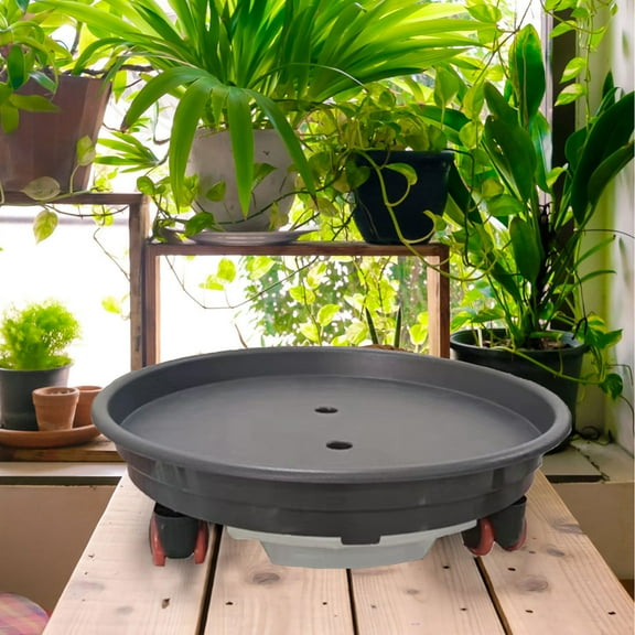 Resin Universal Plant Caddy Round Rolling Tray | Thickened Flower Pot Base with Water Collection Box | Heavy Duty Rubber Wheels | Floor-Protecting Movable Stand | 1 Pack