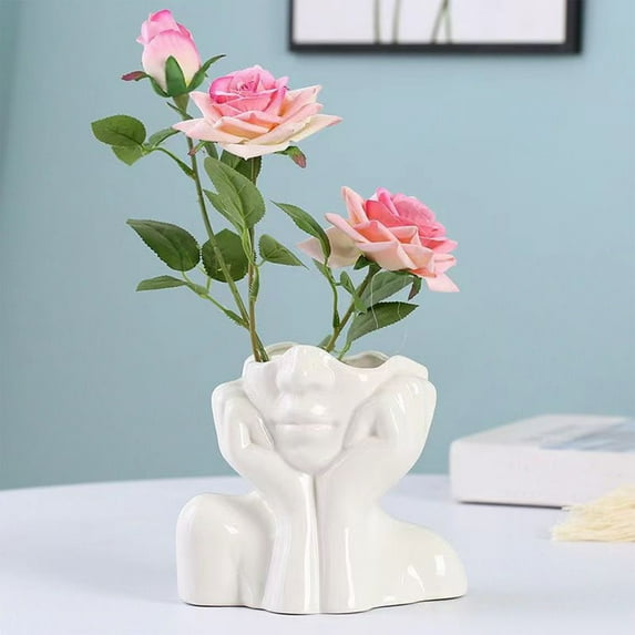 Resin Vase & Pen Holder 4.7x4.3 Inch, Multifunctional Desktop Organizer for Home Office, Glazed Finish Decorative Pot for Flowers Pens, White Modern Desk Accent