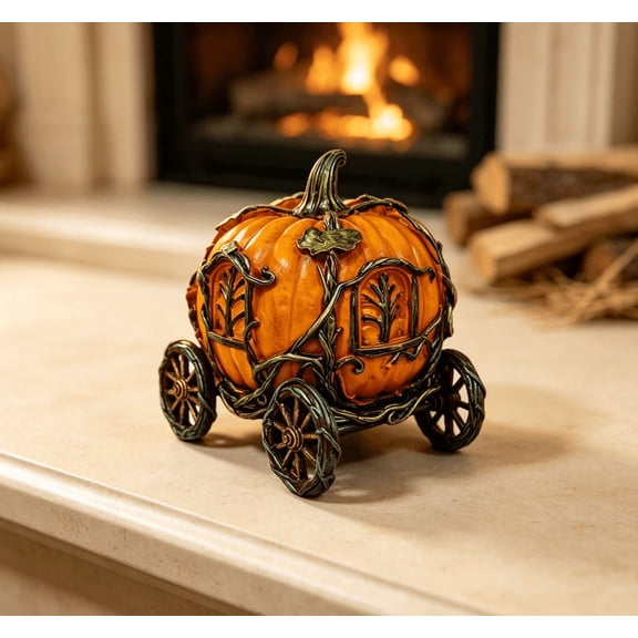 Resin Vine Wrapped Pumpkin Carriage Figurine Retro Princess Coach Home Shelf Mantel Decor for Harvest Halloween Thanksgiving