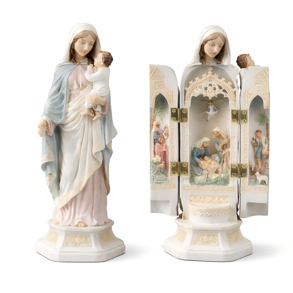 Resin Virgin Mary with Child Hinged Shrine Statue, 7.87in Religious Figurine with Opening Nativity Scene