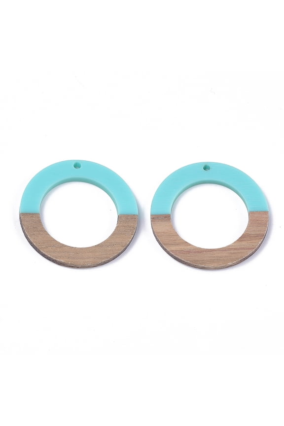 Resin & Walnut Wood Pendants Ring Dark Turquoise 38x3.5mm Hole: 2mm